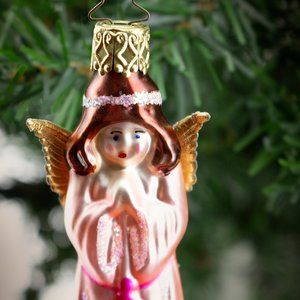 Pink Angel, with paper wings, Vintage Old World Christmas Glass Ornament